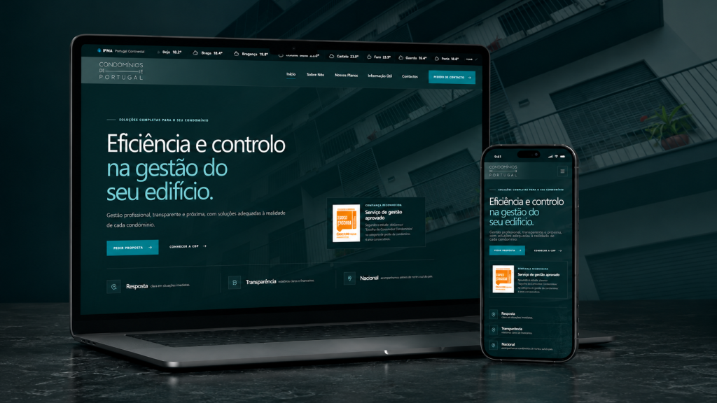 Mockup do website Condomínios de Portugal em computador e telemóvel